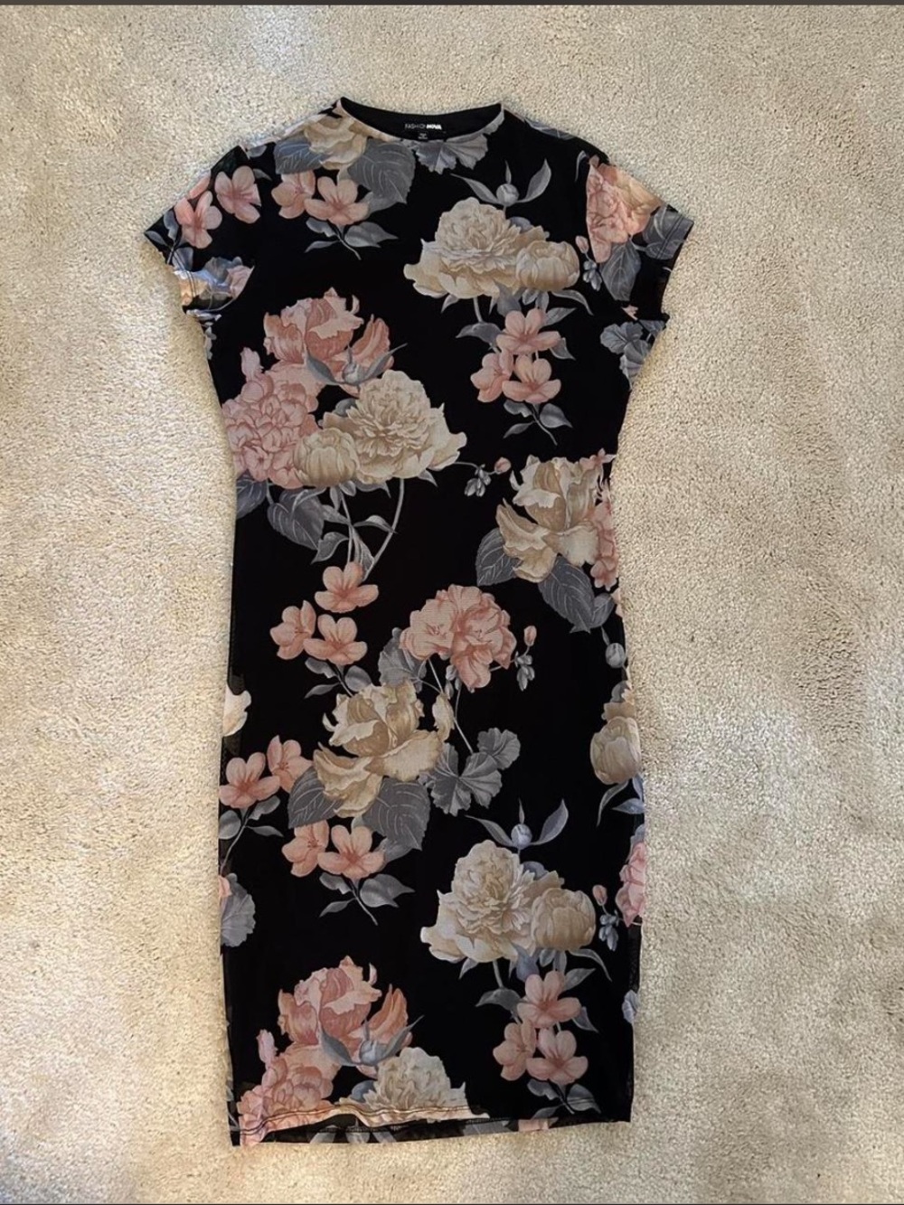 Fashion Nova Black Floral Midi Dress with Pink & Cream Flowers